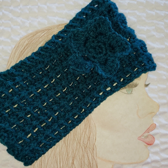 Turquoise Headband. Knitted Flower. Soft. Warm - Picture 6 of 6